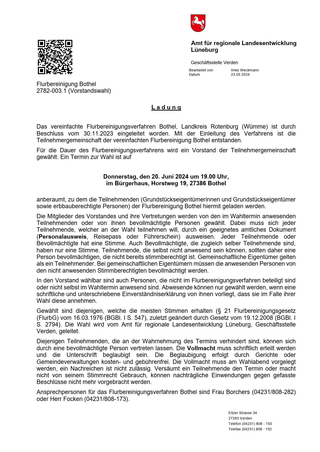 Bekanntmachung des Amts für regionale Landesentwicklung Lüneburg