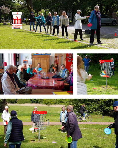 Der Seniorenbeirat und Gäste probieren Discgolf am Heimathaus aus.